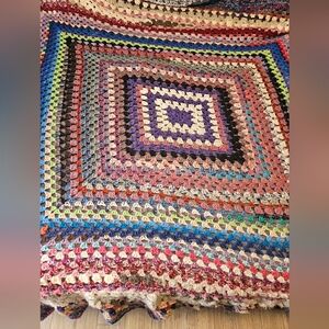 Vintage Handmade Knitted Multi Colour Queensize Blanket.